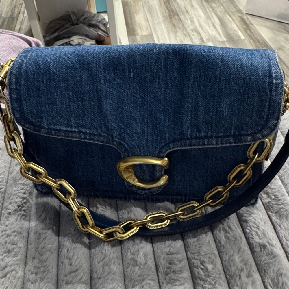 Denim Shoulder Bag with Gold Chain
